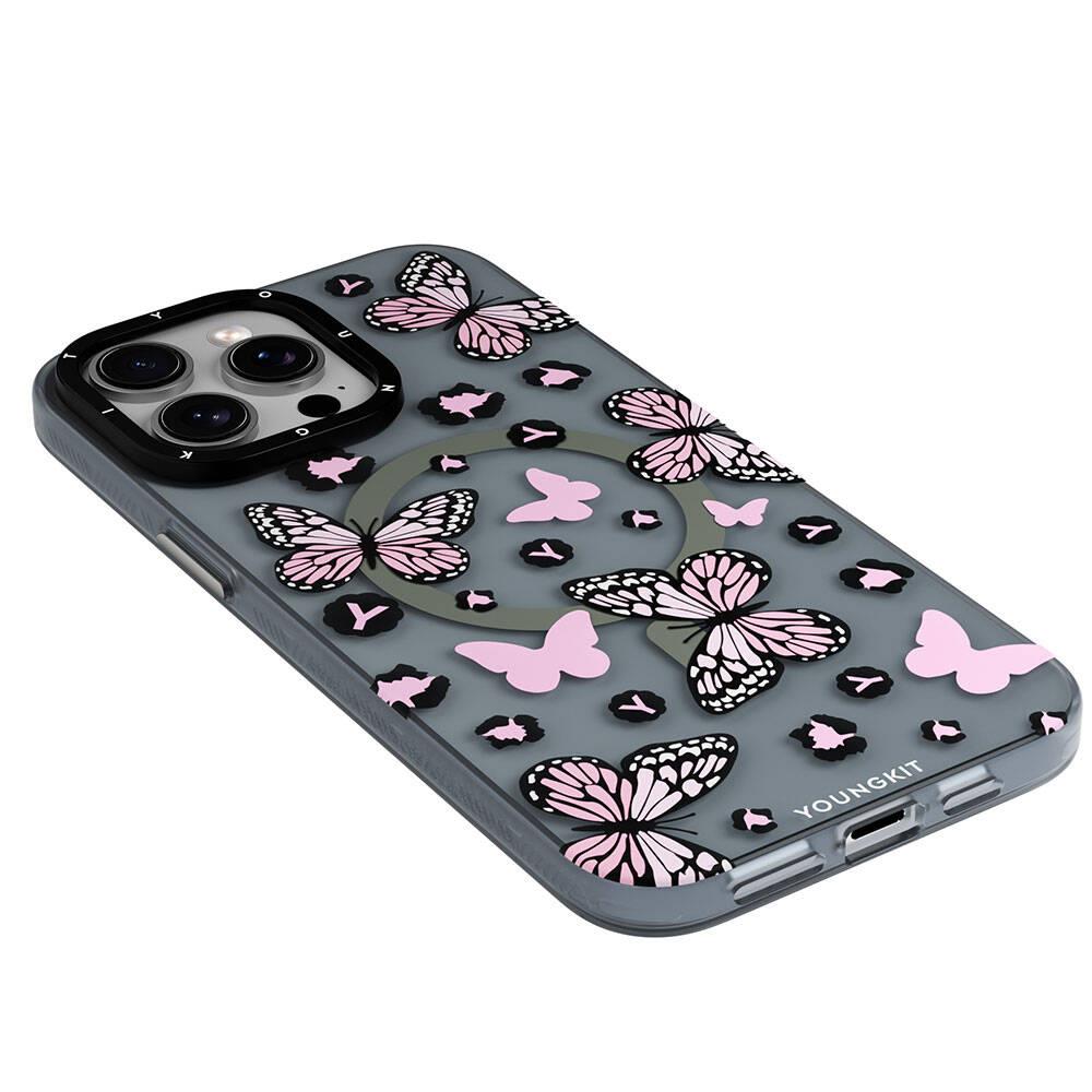 Apple iPhone 14 Pro Kılıf M-safe Şarj Özellikli Kelebek Desenli Youngkit Shadow Dance Serisi Kapak