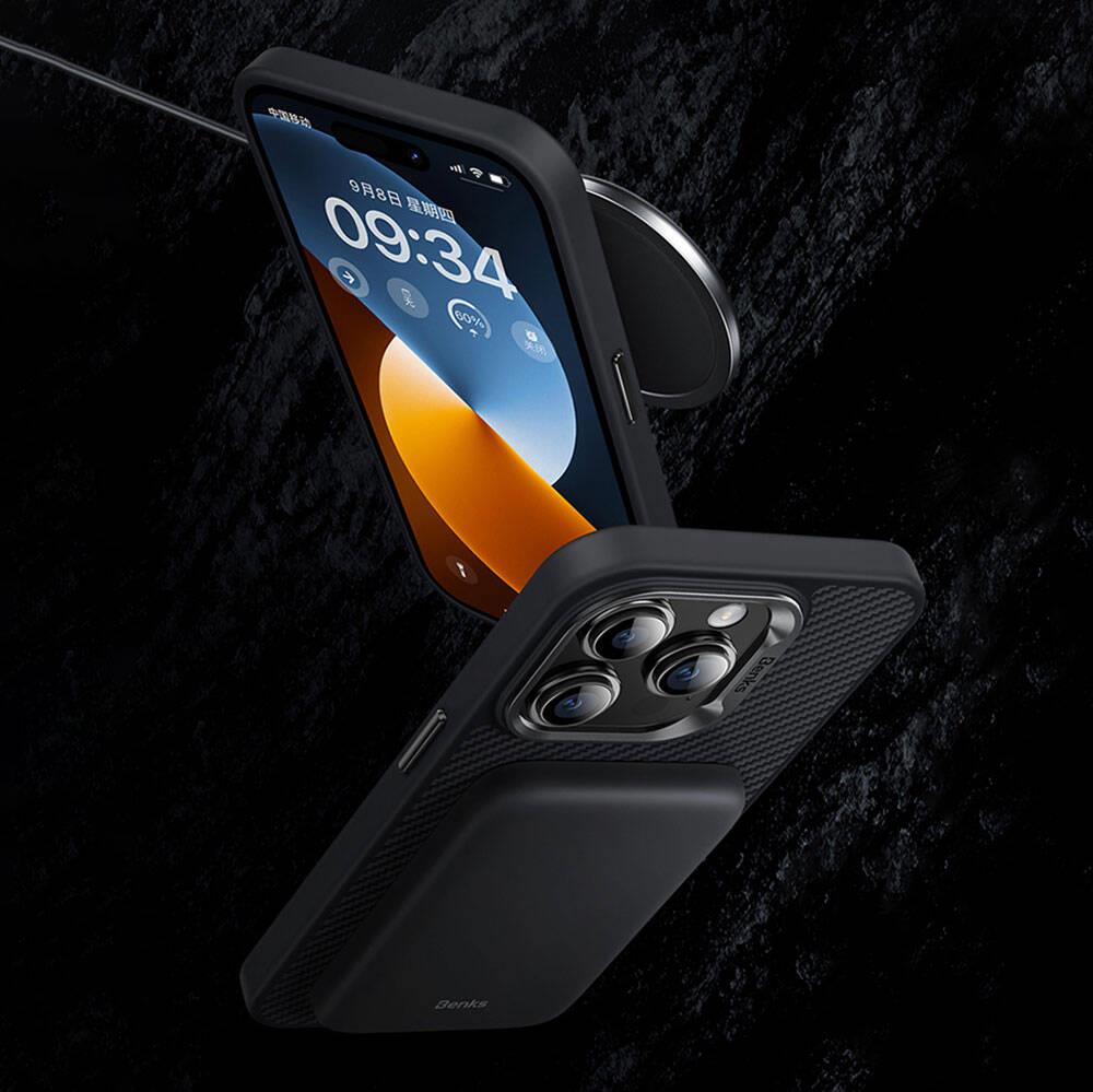 Apple iPhone 14 Pro Max Kılıf Karbon Fiber M-safe Şarj Özellikli Benks Hybrid ArmorPro 600D Kevlar Kapak