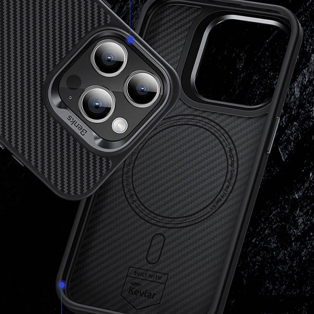 Apple iPhone 14 Pro Max Kılıf Karbon Fiber M-safe Şarj Özellikli Benks Hybrid ArmorPro 600D Kevlar Kapak