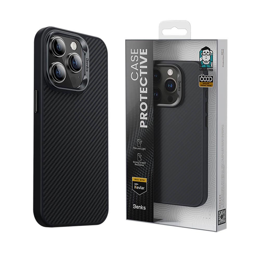 Apple iPhone 14 Pro Max Kılıf Karbon Fiber M-safe Şarj Özellikli Benks Hybrid ArmorPro 600D Kevlar Kapak