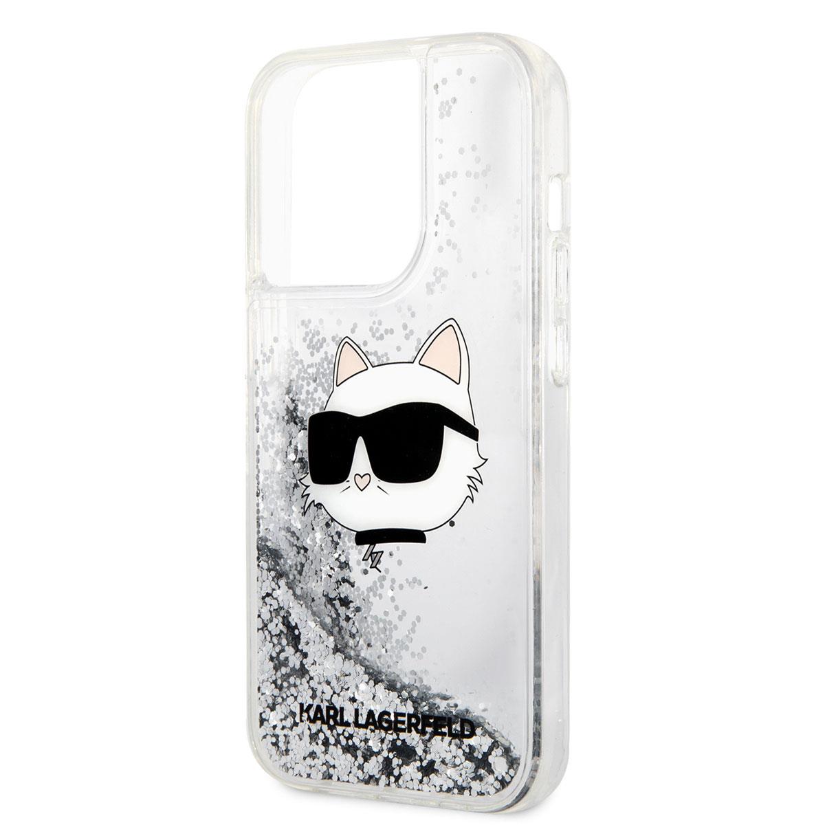 Apple iPhone 14 Pro Max Kılıf Karl Lagerfeld Sıvılı Simli Choupette Head Dizayn Kapak