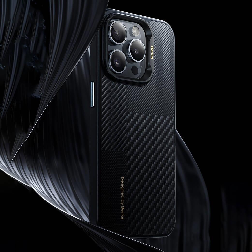 Apple iPhone 14 Pro Max Kılıf M-safe Şarj Özellikli Karbon Fiber Benks Montage Hybrid ArmorPro Kevlar Kapak