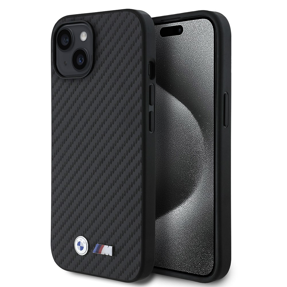 Apple iPhone 15 Kılıf BMW Orjinal Lisanslı Karbon Fiber Tasarımlı ve Metal Logolu PU Deri Kapak
