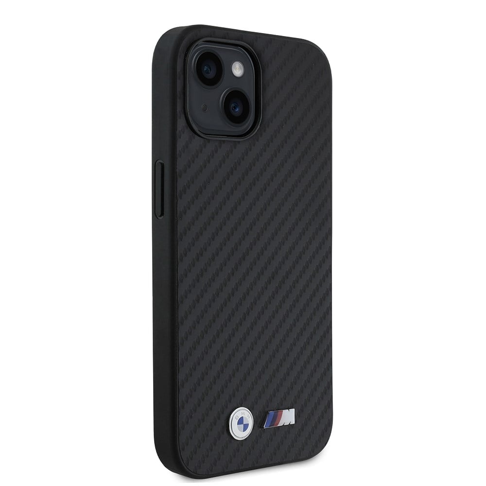 Apple iPhone 15 Kılıf BMW Orjinal Lisanslı Karbon Fiber Tasarımlı ve Metal Logolu PU Deri Kapak