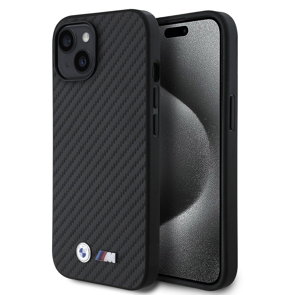 Apple iPhone 15 Kılıf BMW Orjinal Lisanslı Karbon Fiber Tasarımlı ve Metal Logolu PU Deri Kapak