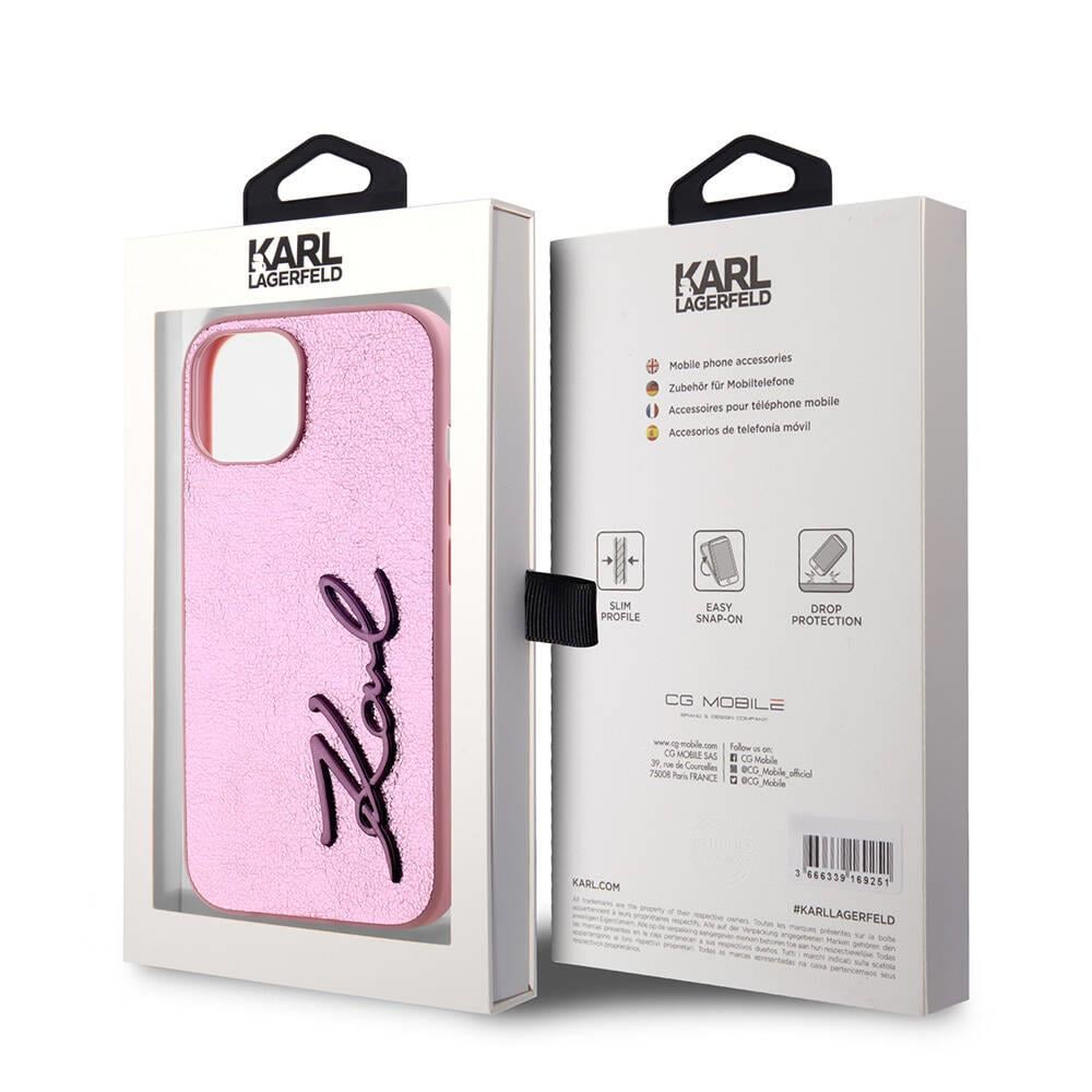 Apple iPhone 15 Kılıf Karl Lagerfeld Orjinal Lisanslı 3D KL Yazılı Tüylü Arka Yüzey Saffiano Rhinestones Kapak