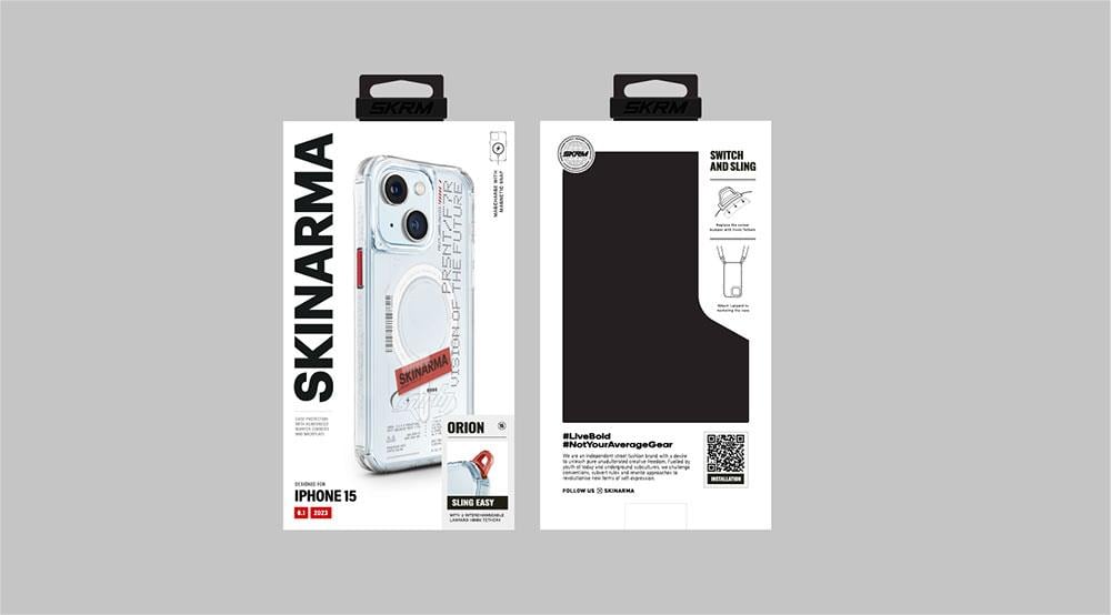 Apple iPhone 15 Kılıf SkinArma M-safe Şarj Özellikli Yazı Desenli Airbag Tasarımlı Orion Kapak