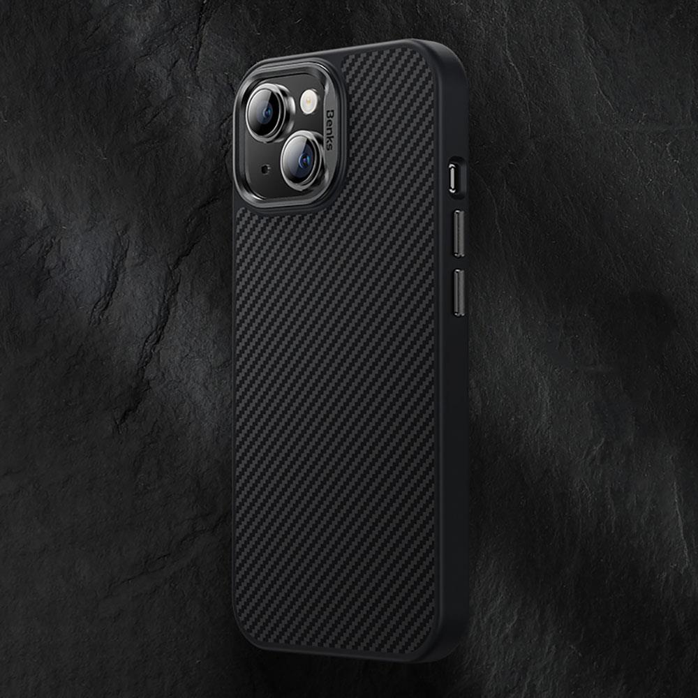 Apple iPhone 15 Plus Kılıf Karbon Fiber M-safe Şarj Özellikli Benks Hybrid ArmorPro 600D Kevlar Kapak