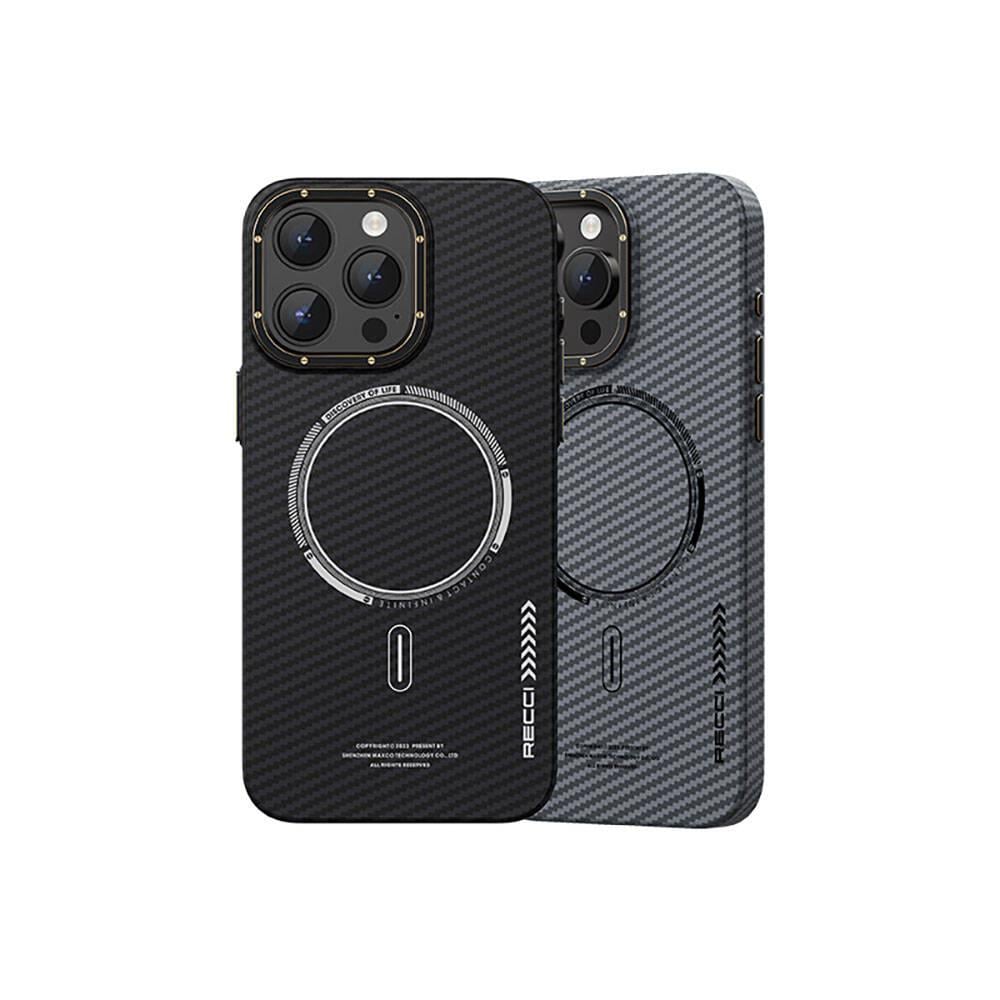 Apple iPhone 15 Plus Kılıf Recci Machinist Serisi M-safe Şarj Özellikli Magnetik Karbon Kapak
