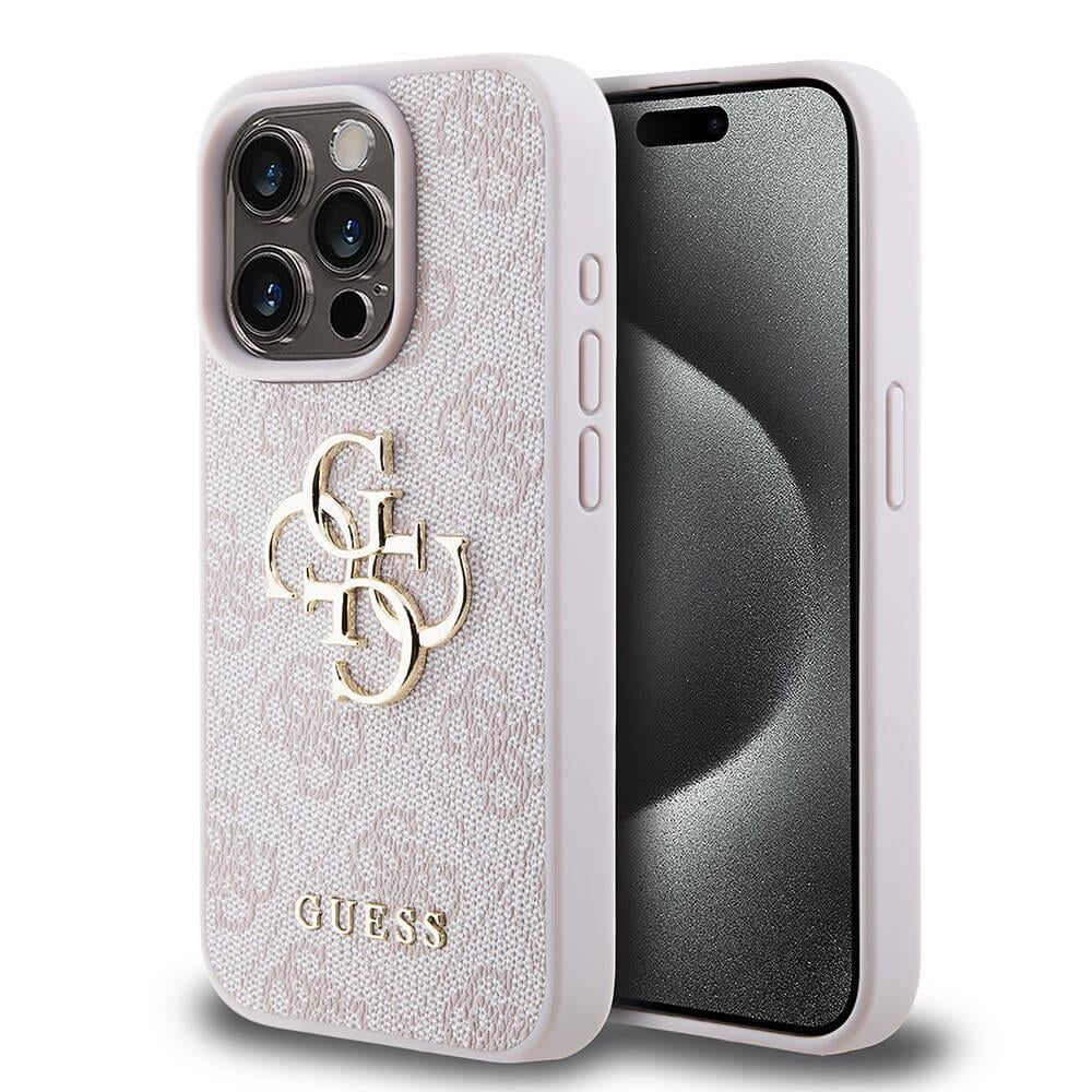 Apple iPhone 15 Pro Kılıf Guess Orjinal Lisanslı PU Deri Yazı ve 4G Metal Logolu Desenli Kapak