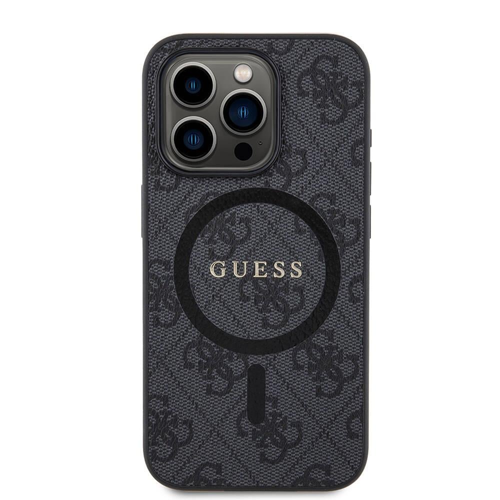 Apple iPhone 15 Pro Kılıf Guess Orjinal Lisanslı M-safe Şarj Özellikli PU Halkalı 4G Desenli Yazı Logolu Kapak