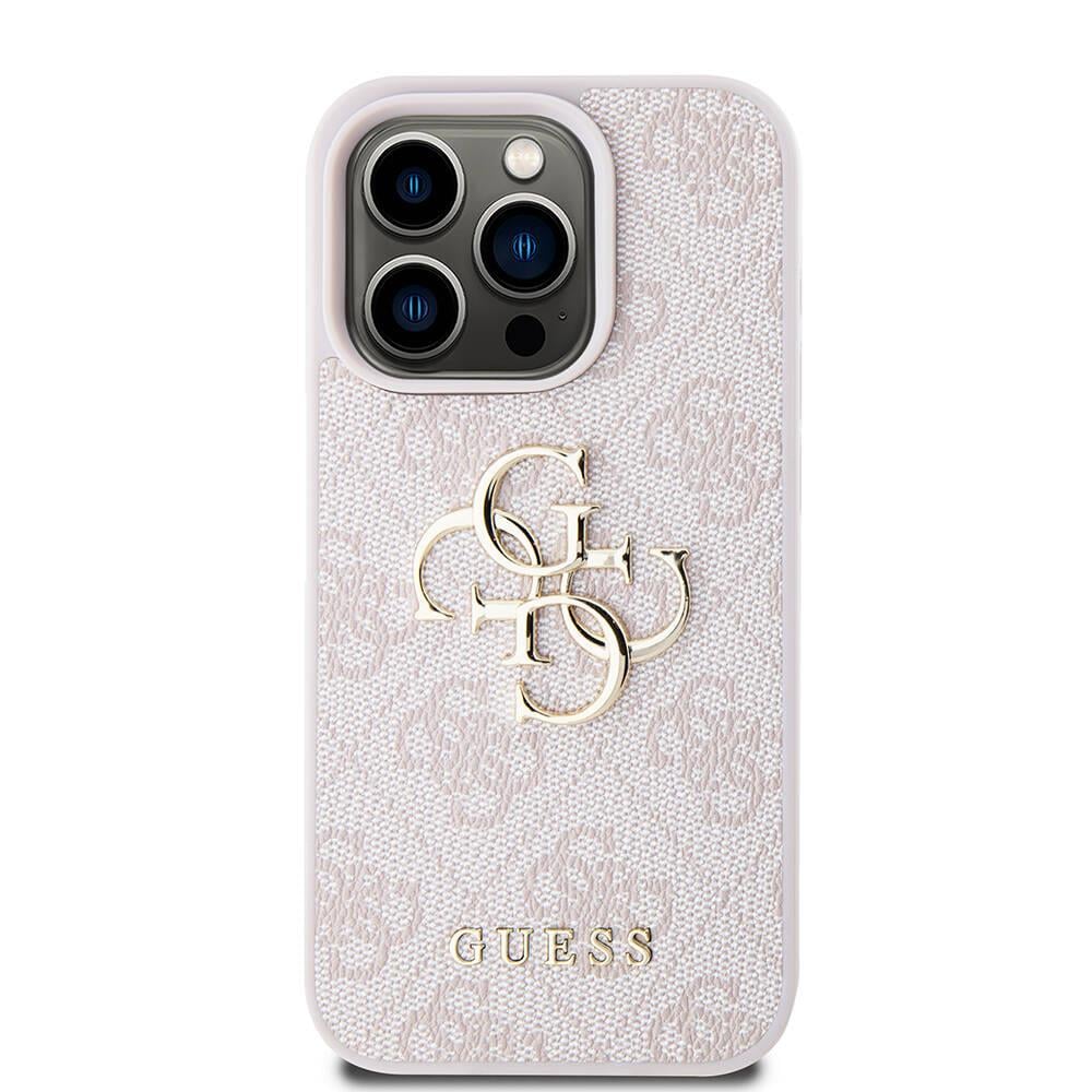 Apple iPhone 15 Pro Kılıf Guess Orjinal Lisanslı PU Deri Yazı ve 4G Metal Logolu Desenli Kapak