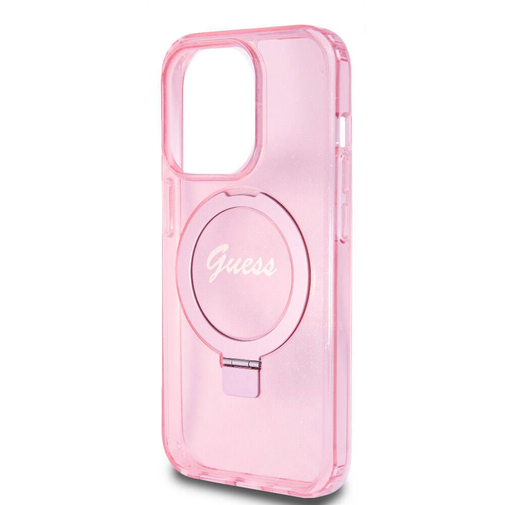 Apple iPhone 15 Pro Kılıf Guess Orjinal Lisanslı M-safe Şarj Özellikli Simli Arka Yüzey Ring Standlı Kapak