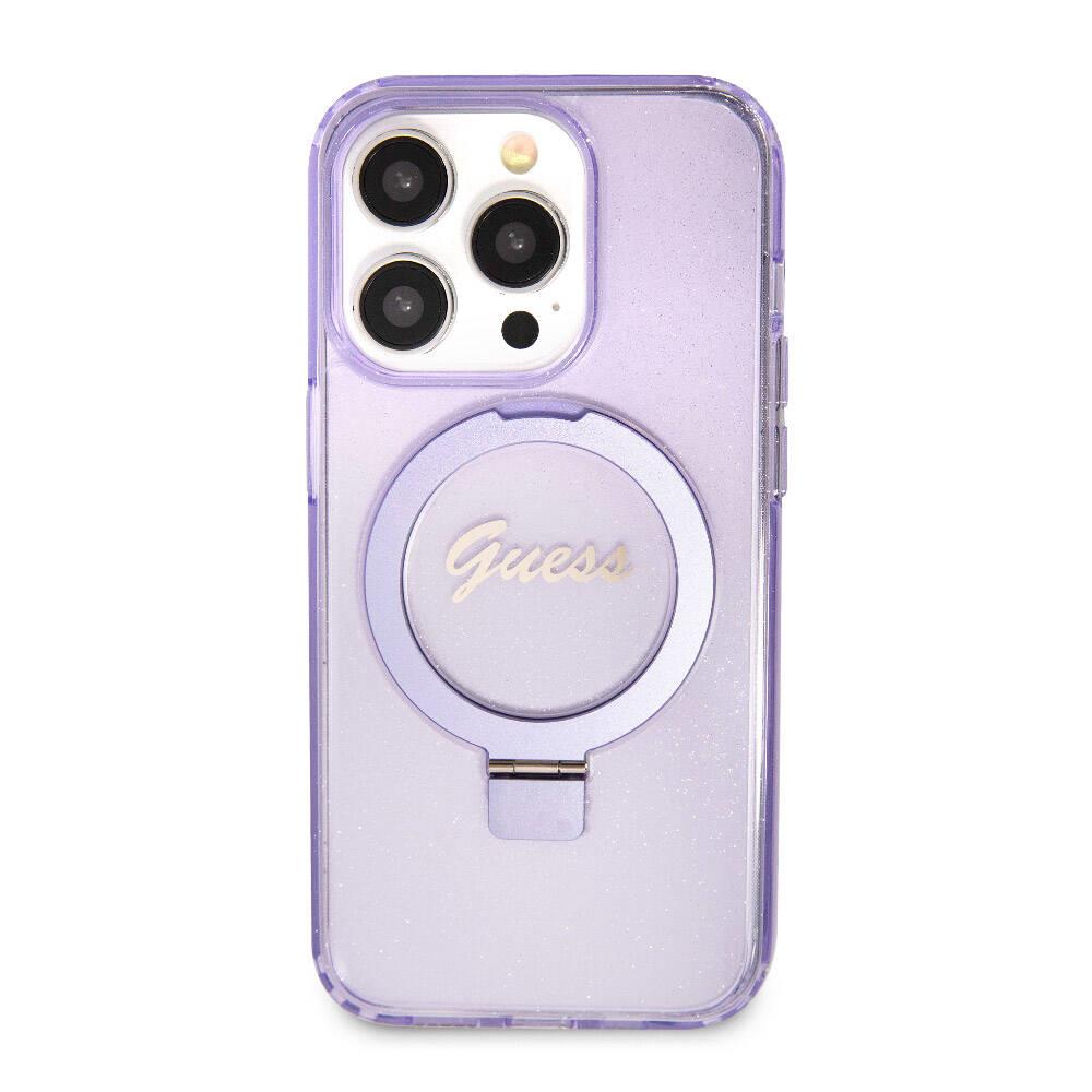 Apple iPhone 15 Pro Kılıf Guess Orjinal Lisanslı M-safe Şarj Özellikli Simli Arka Yüzey Ring Standlı Kapak