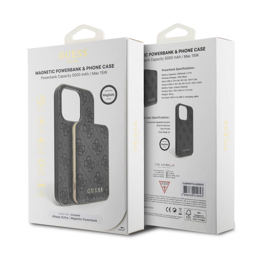 Apple iPhone 15 Pro Kılıf Guess Orjinal Lisanslı M-safe Şarj Özellikli Yazı Logolu 4G Desenli Kapak + Powerbank 5000mAh 2in1 Set