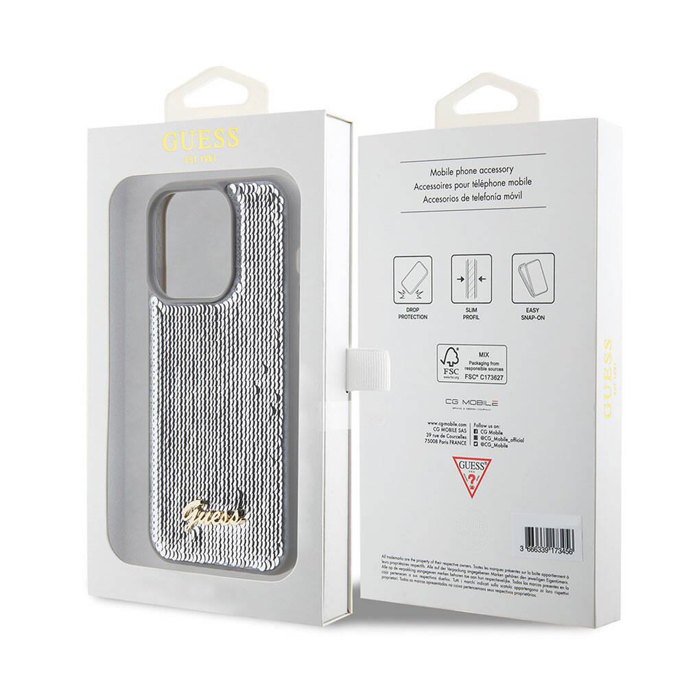 Apple iPhone 15 Pro Kılıf Guess Orjinal Lisanslı Pullu Arka Yüzey Metal Yazı Logolu Sequin Script Kapak