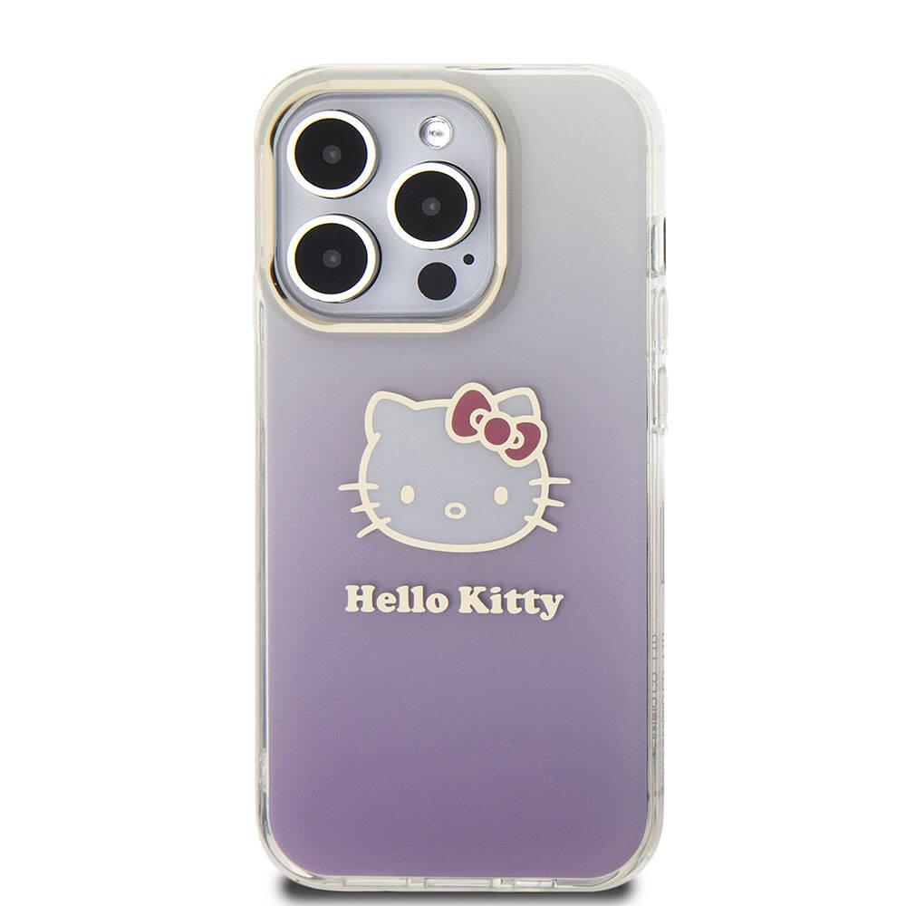 Apple iPhone 15 Pro Kılıf Hello Kitty Orjinal Lisanslı Yazı ve İkonik Logolu Elektroplating Kaplama Gradyan Kapak