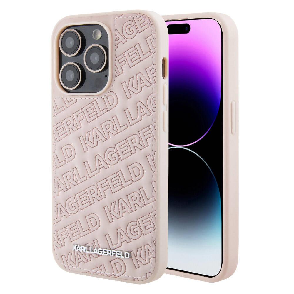Apple iPhone 15 Pro Kılıf Karl Lagerfeld Orjinal Lisanslı Metal Yazı Logolu Dikişli Logo Arka Yüzey Kapitone Kapak