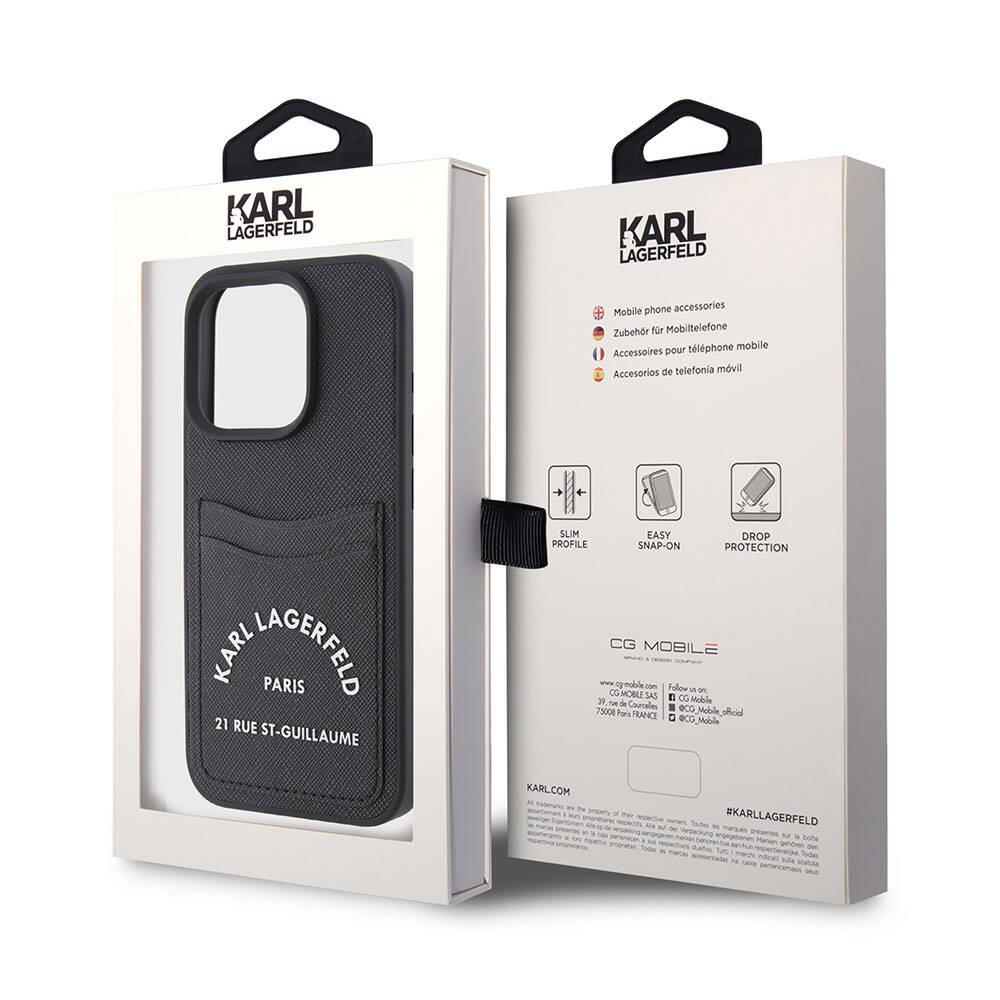 Apple iPhone 15 Pro Kılıf Karl Lagerfeld Kartlıklı Saffiano 3D RSG Logo Orjinal Lisanslı Kapak