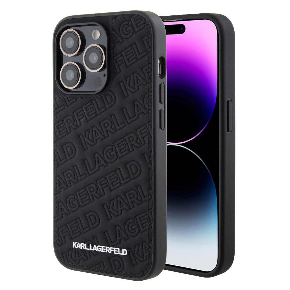 Apple iPhone 15 Pro Kılıf Karl Lagerfeld Orjinal Lisanslı Metal Yazı Logolu Dikişli Logo Arka Yüzey Kapitone Kapak