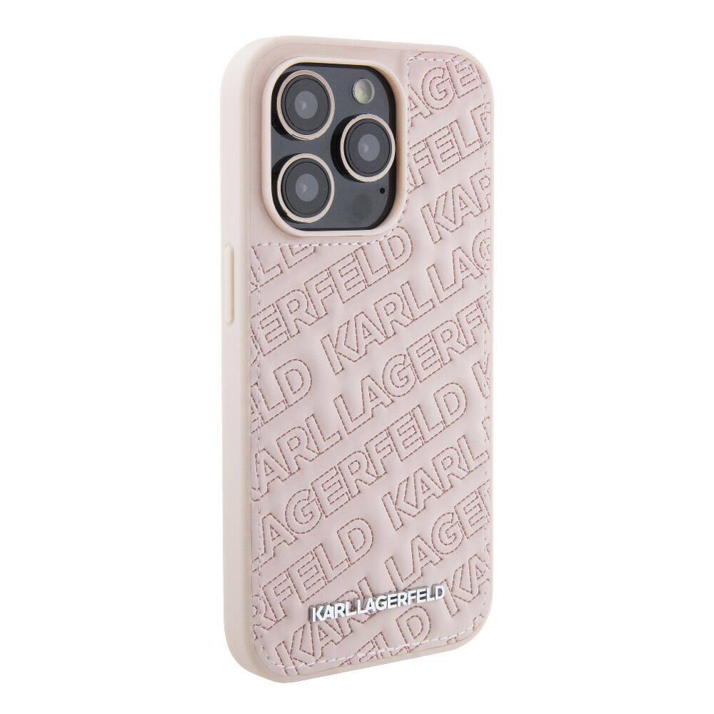 Apple iPhone 15 Pro Kılıf Karl Lagerfeld Orjinal Lisanslı Metal Yazı Logolu Dikişli Logo Arka Yüzey Kapitone Kapak
