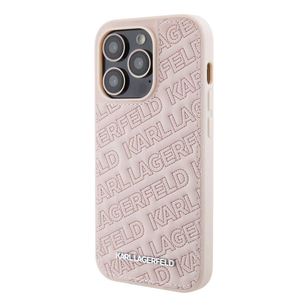 Apple iPhone 15 Pro Kılıf Karl Lagerfeld Orjinal Lisanslı Metal Yazı Logolu Dikişli Logo Arka Yüzey Kapitone Kapak