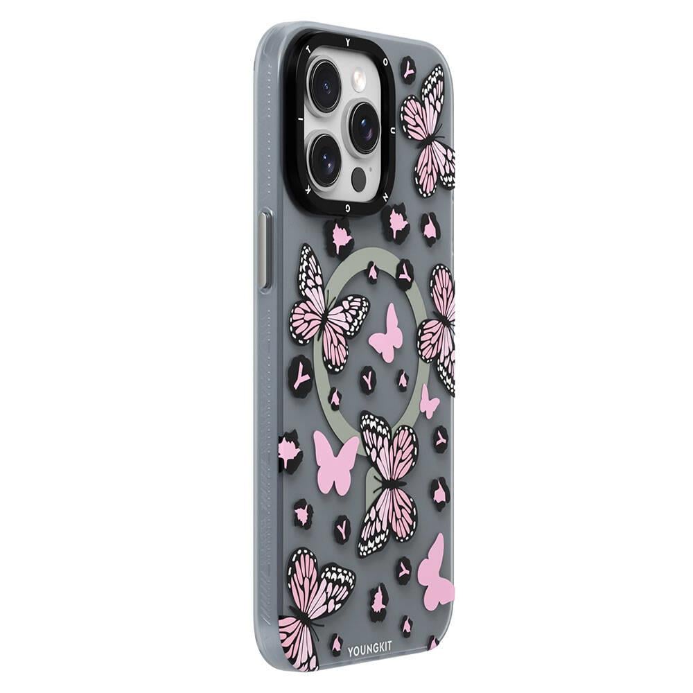 Apple iPhone 15 Pro Kılıf M-safe Şarj Özellikli Kelebek Desenli Youngkit Shadow Dance Serisi Kapak