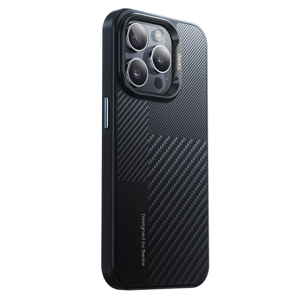 Apple iPhone 15 Pro Kılıf M-safe Şarj Özellikli Karbon Fiber Benks Montage Hybrid ArmorPro Kevlar Kapak