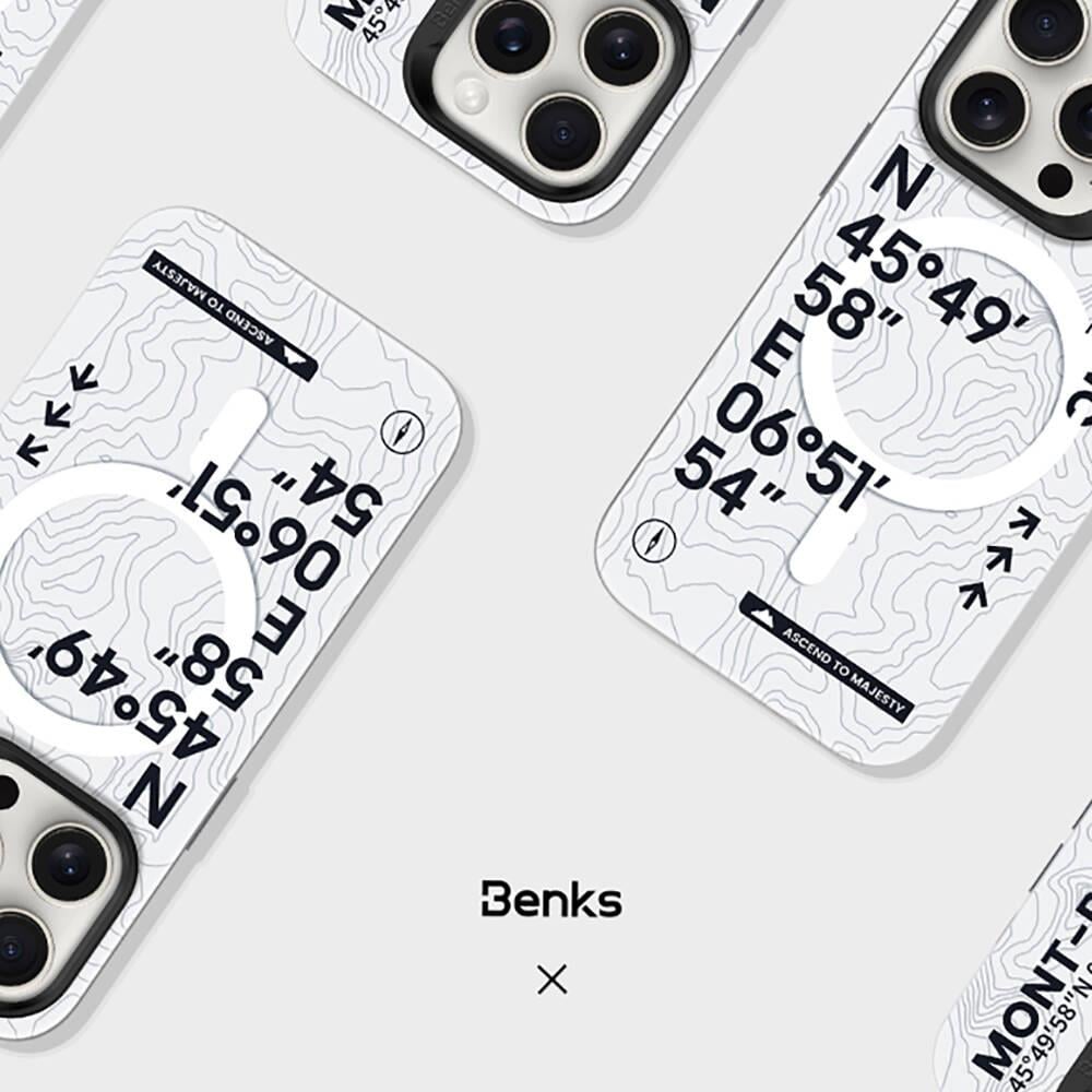 Apple iPhone 15 Pro Kılıf M-safe Şarj Özellikli Koordinat Yazı Desenli Benks Summit Serisi Kapak