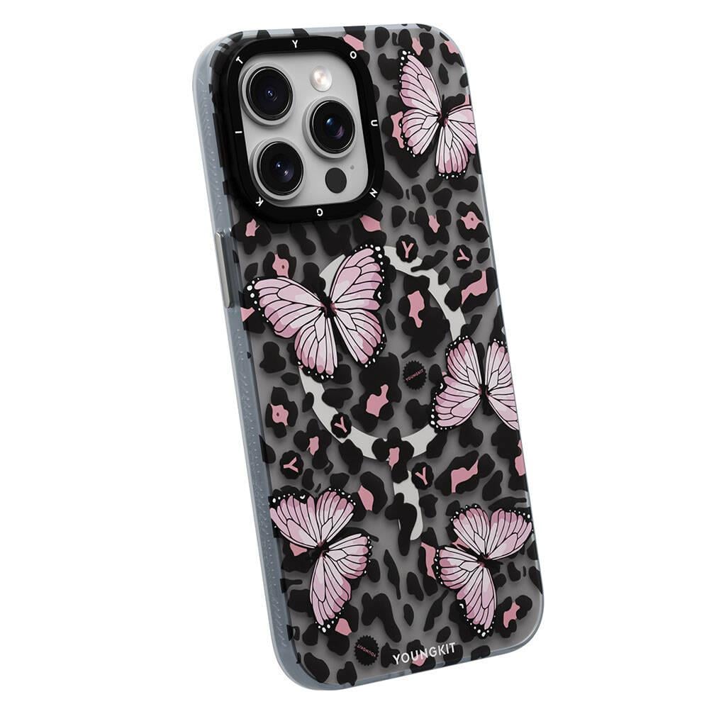 Apple iPhone 15 Pro Kılıf M-safe Şarj Özellikli Kelebek Desenli Youngkit Shadow Dance Serisi Kapak