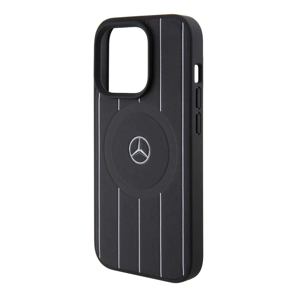Apple iPhone 15 Pro Kılıf Mercedes Benz Orjinal Lisanslı M-safe Şarj Özellikli Baskı Logolu Paralel Çizgi Desenli Deri Kapak
