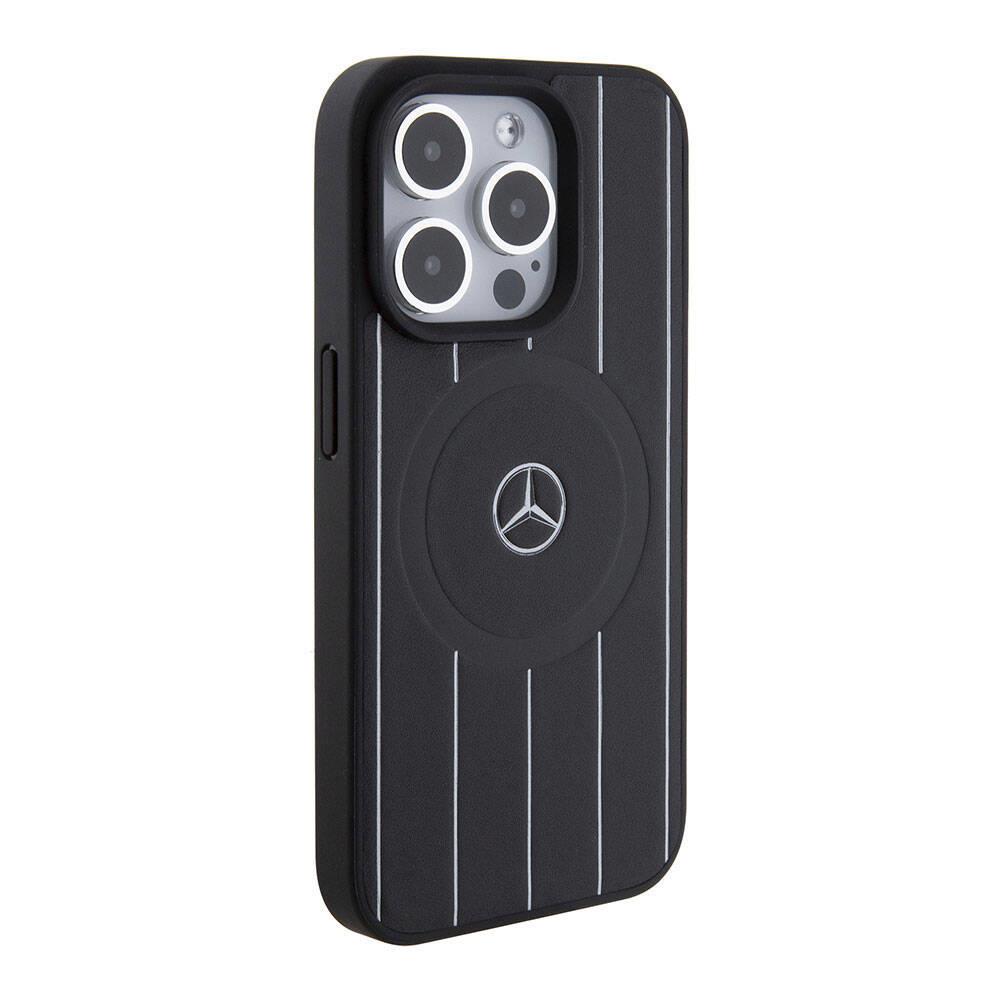 Apple iPhone 15 Pro Kılıf Mercedes Benz Orjinal Lisanslı M-safe Şarj Özellikli Baskı Logolu Paralel Çizgi Desenli Deri Kapak