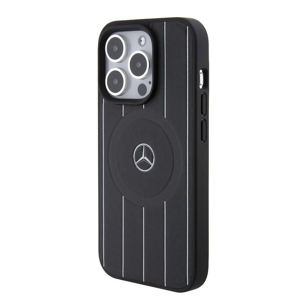 Apple iPhone 15 Pro Kılıf Mercedes Benz Orjinal Lisanslı M-safe Şarj Özellikli Baskı Logolu Paralel Çizgi Desenli Deri Kapak