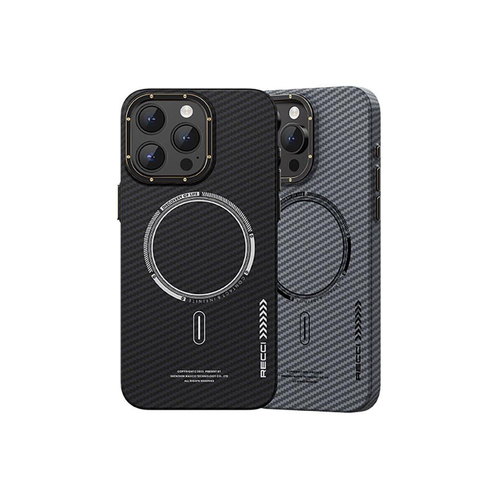 Apple iPhone 15 Pro Kılıf Recci Machinist Serisi M-safe Şarj Özellikli Magnetik Karbon Kapak