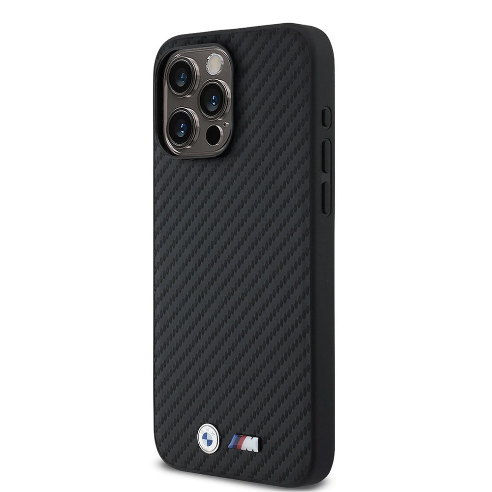 Apple iPhone 15 Pro Max Kılıf BMW Orjinal Lisanslı Karbon Fiber Tasarımlı ve Metal Logolu PU Deri Kapak