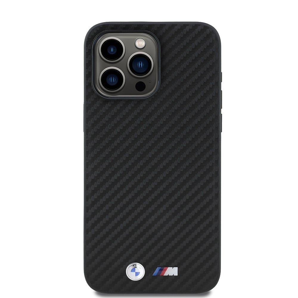 Apple iPhone 15 Pro Max Kılıf BMW Orjinal Lisanslı Karbon Fiber Tasarımlı ve Metal Logolu PU Deri Kapak
