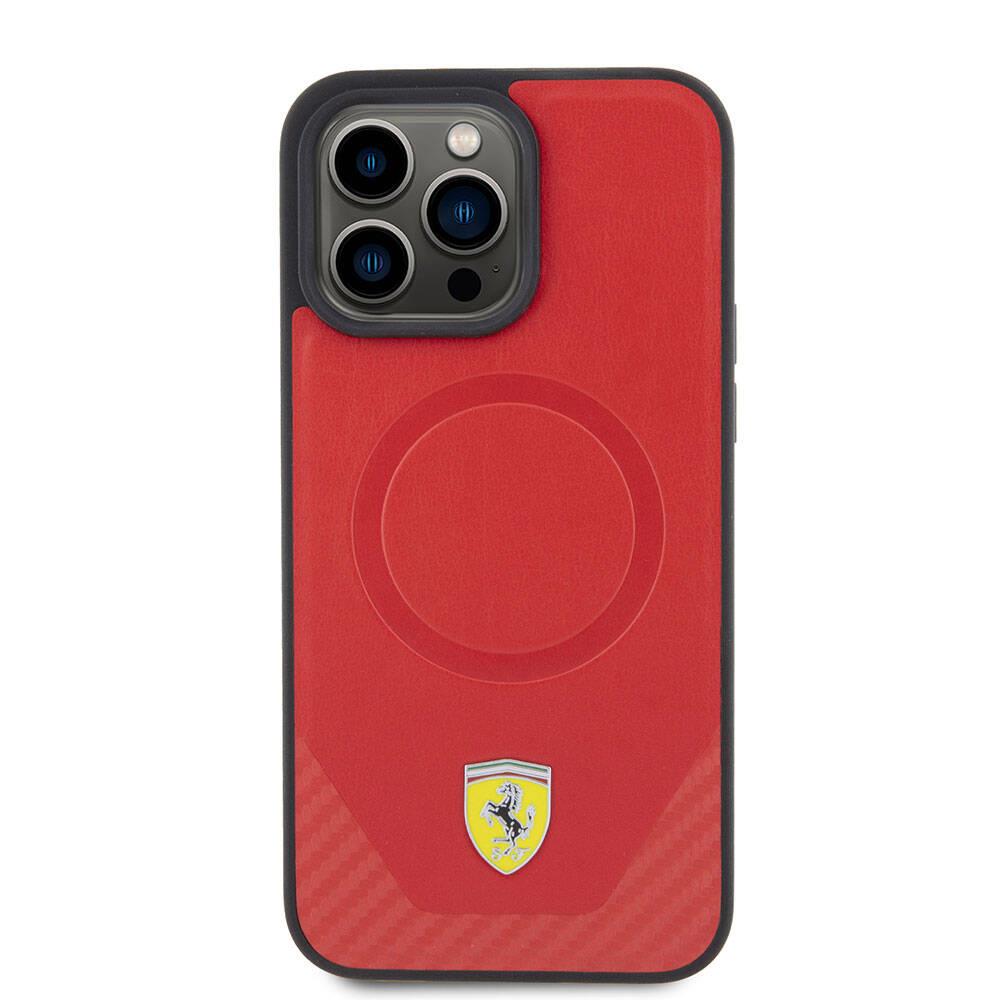 Apple iPhone 15 Pro Max Kılıf Ferrari Orjinal Lisanslı M-safe Şarj Özellikli Metal Logolu PU Karbon Kapak