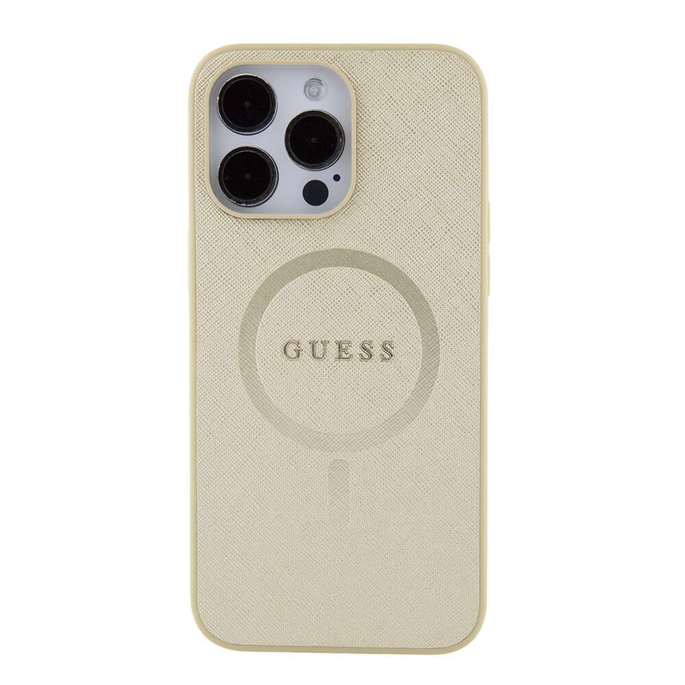 Apple iPhone 15 Pro Max Kılıf Guess Orjinal Lisanslı M-safe Şarj Özellikli Yazı Logolu Saffiano Kapak