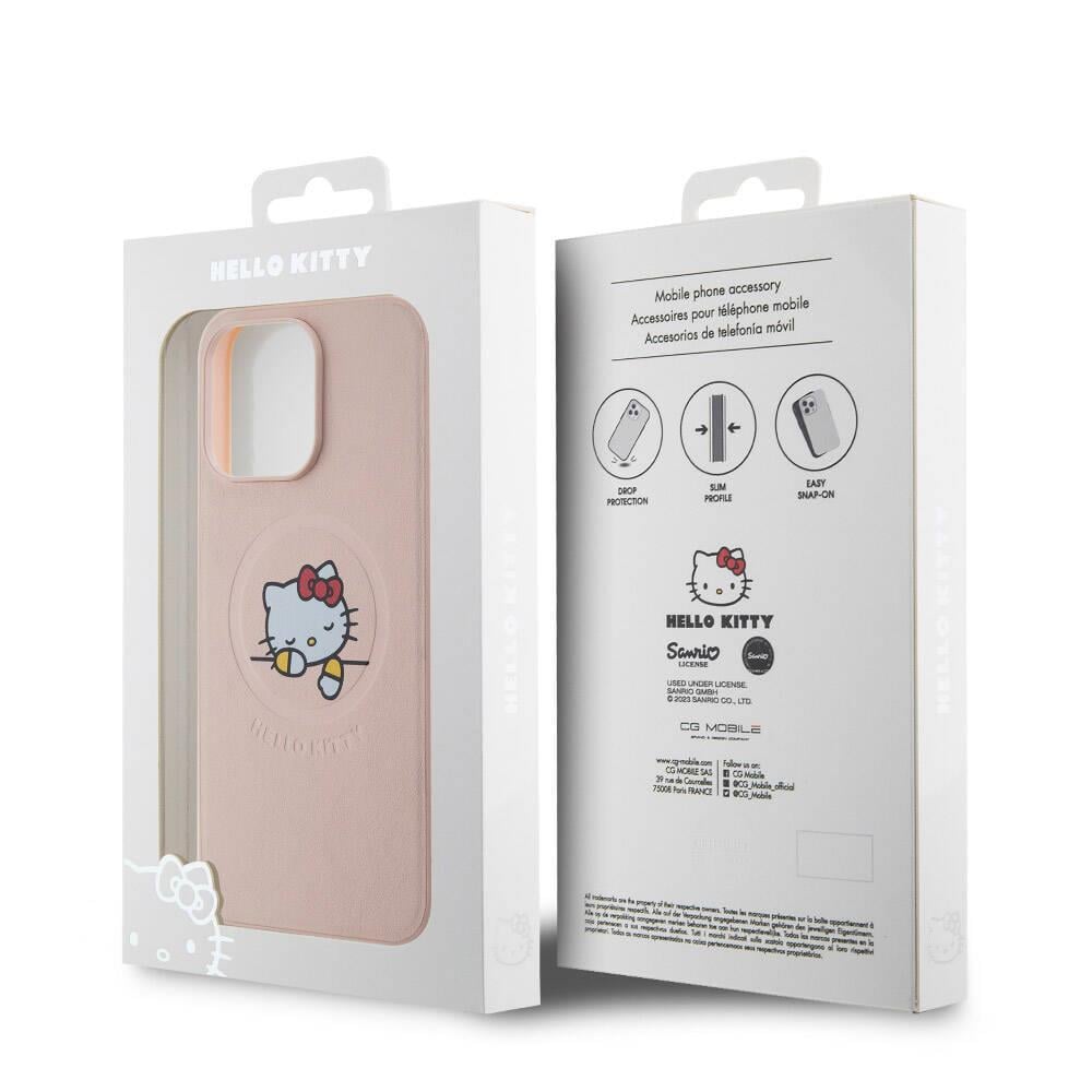 Apple iPhone 15 Pro Max Kılıf Hello Kitty Orjinal Lisanslı M-safe Şarj Özellikli Baskı Logolu Uyuyan Kitty Deri Kapak