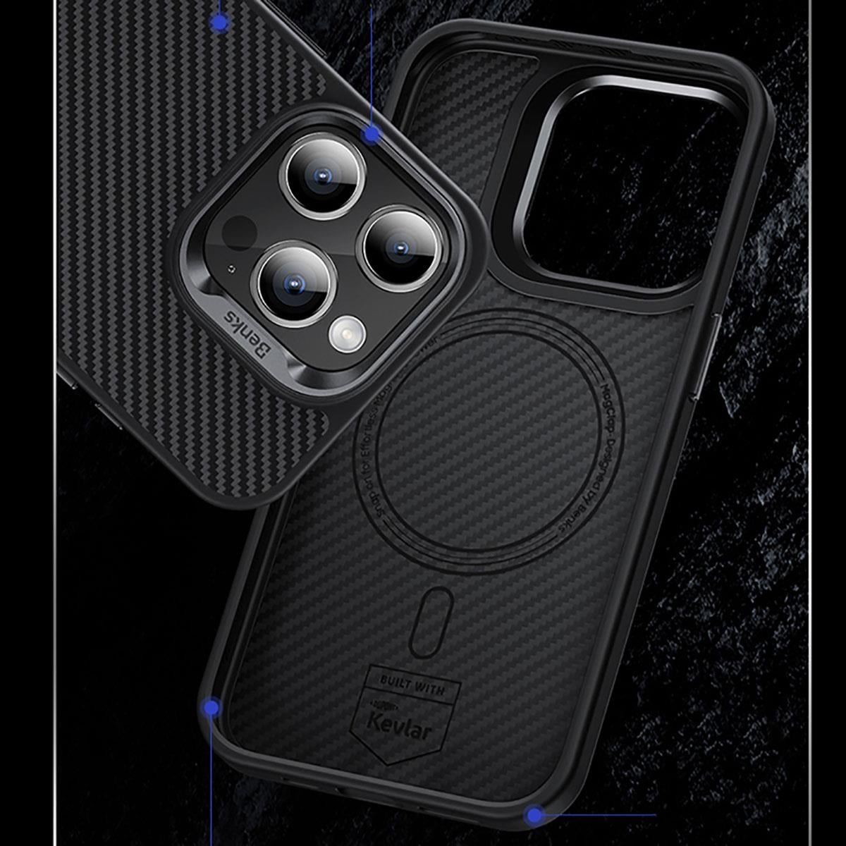 Apple iPhone 15 Pro Max Kılıf Karbon Fiber M-safe Şarj Özellikli Benks Hybrid ArmorPro 600D Kevlar Kapak