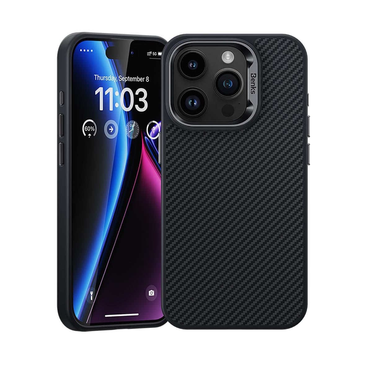 Apple iPhone 15 Pro Max Kılıf Karbon Fiber M-safe Şarj Özellikli Benks Hybrid ArmorPro 600D Kevlar Kapak