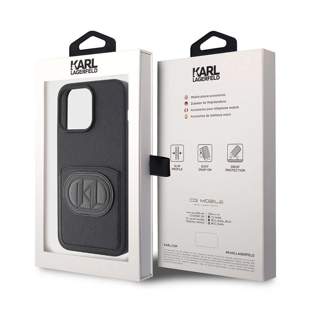 Apple iPhone 15 Pro Max Kılıf Karl Lagerfeld Kartlıklı Saffiano K&L Patch Orjinal Lisanslı Kapak