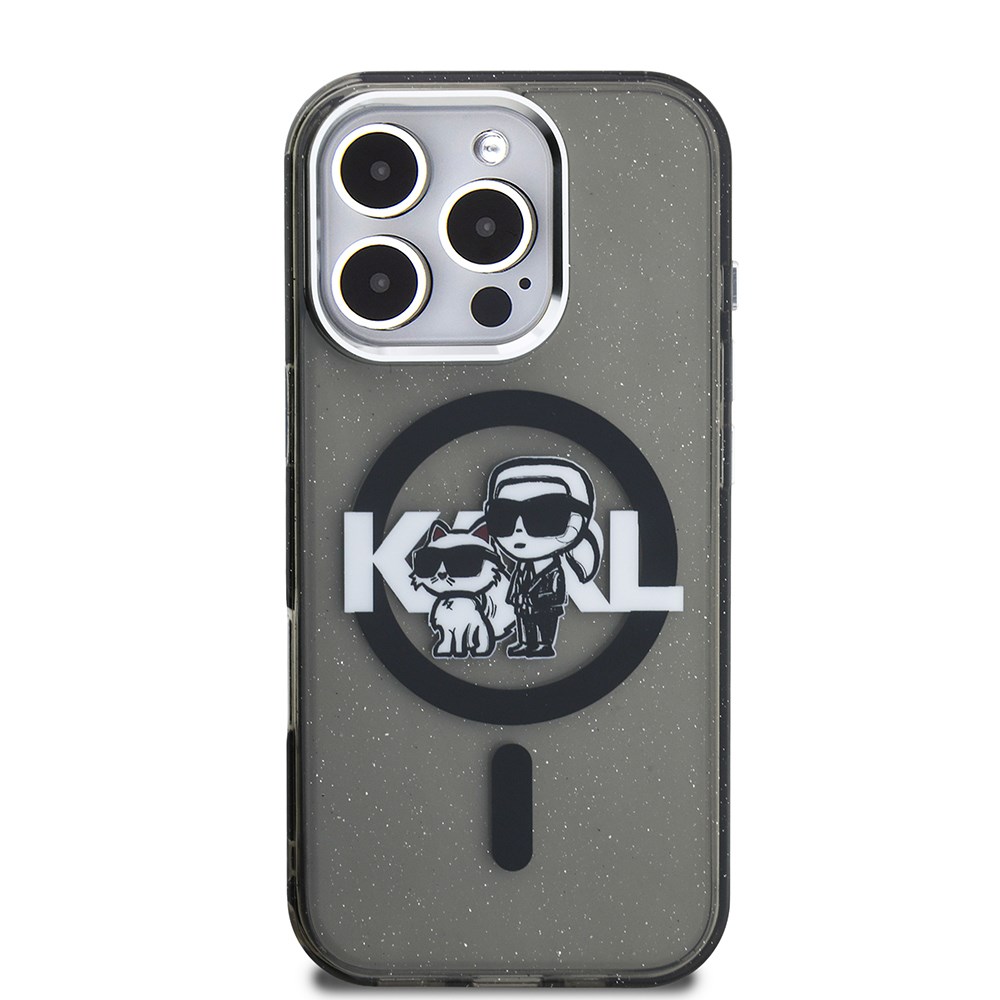 Apple iPhone 15 Pro Max Kılıf Karl Lagerfeld Orjinal Lisanslı Parlayan Simli Karl & Choupette Sketch Logo Kapak