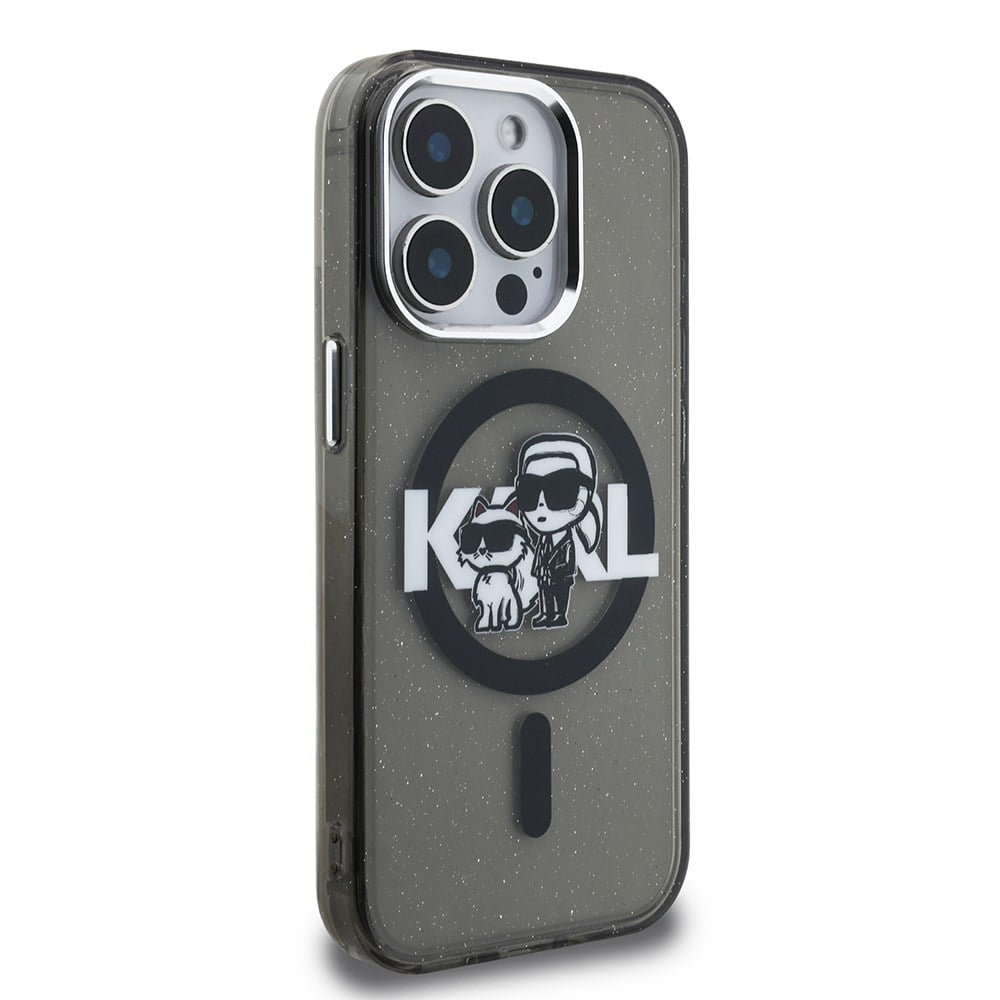Apple iPhone 15 Pro Max Kılıf Karl Lagerfeld Orjinal Lisanslı Parlayan Simli Karl & Choupette Sketch Logo Kapak
