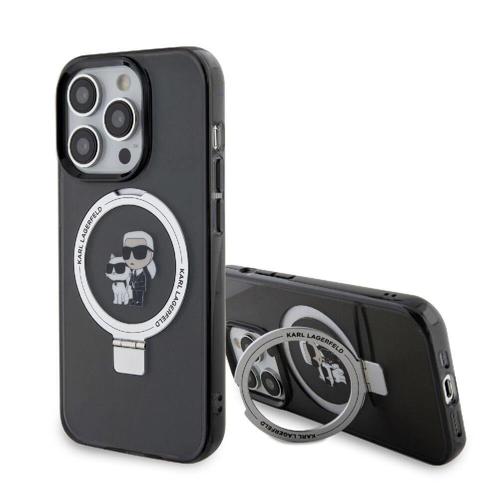 Apple iPhone 15 Pro Max Kılıf Karl Lagerfeld Orjinal Lisanslı M-safe Şarj Özellikli K&C İkonik Baskılı Ring Standlı Kapak