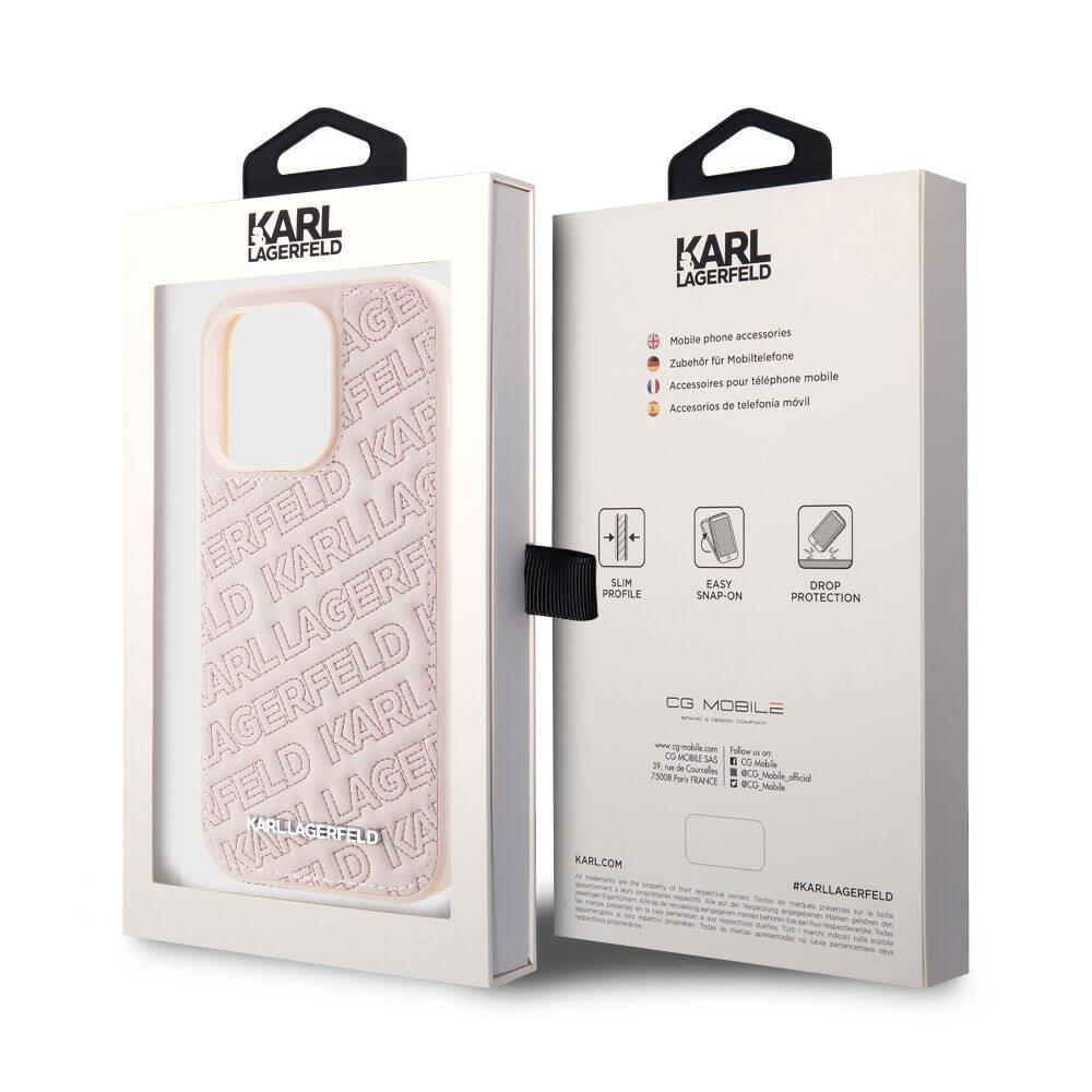 Apple iPhone 15 Pro Max Kılıf Karl Lagerfeld Orjinal Lisanslı Metal Yazı Logolu Dikişli Logo Arka Yüzey Kapitone Kapak