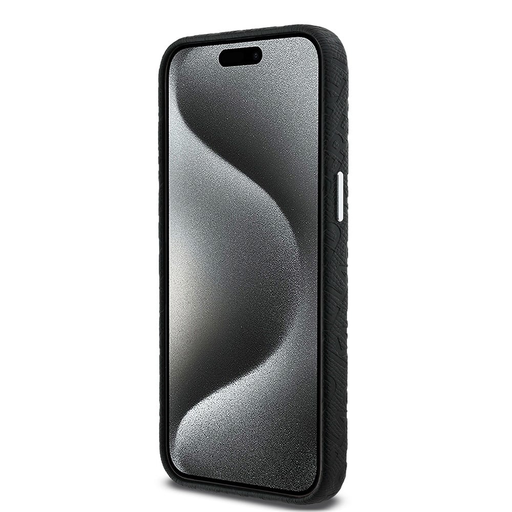 Apple iPhone 15 Pro Max Kılıf Karl Lagerfeld Orjinal Lisanslı PU Deri Damgalı Metal Yazı Logolu Kapak
