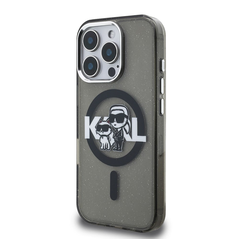 Apple iPhone 15 Pro Max Kılıf Karl Lagerfeld Orjinal Lisanslı Parlayan Simli Karl & Choupette Sketch Logo Kapak