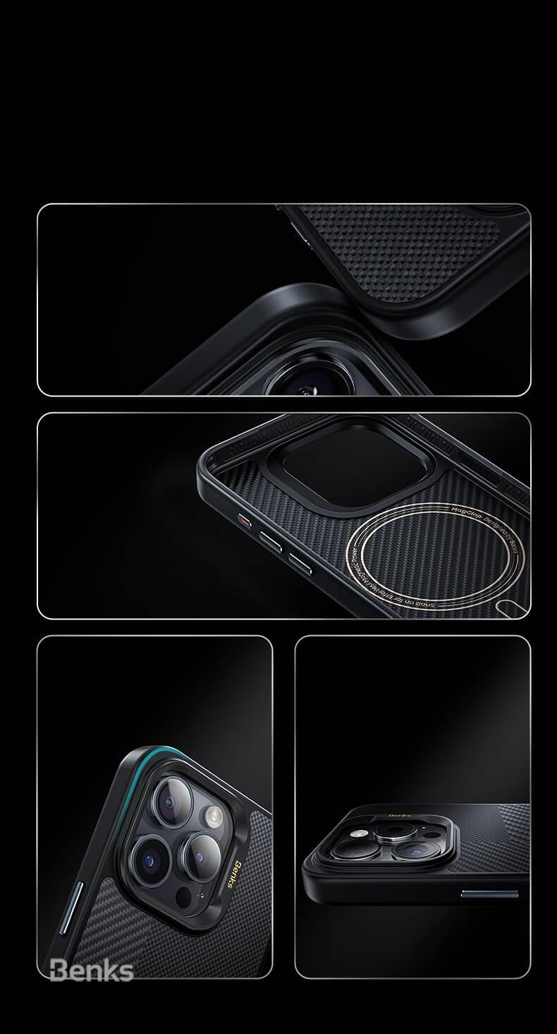 Apple iPhone 15 Pro Max Kılıf M-safe Şarj Özellikli Karbon Fiber Benks Montage Hybrid ArmorPro Kevlar Kapak