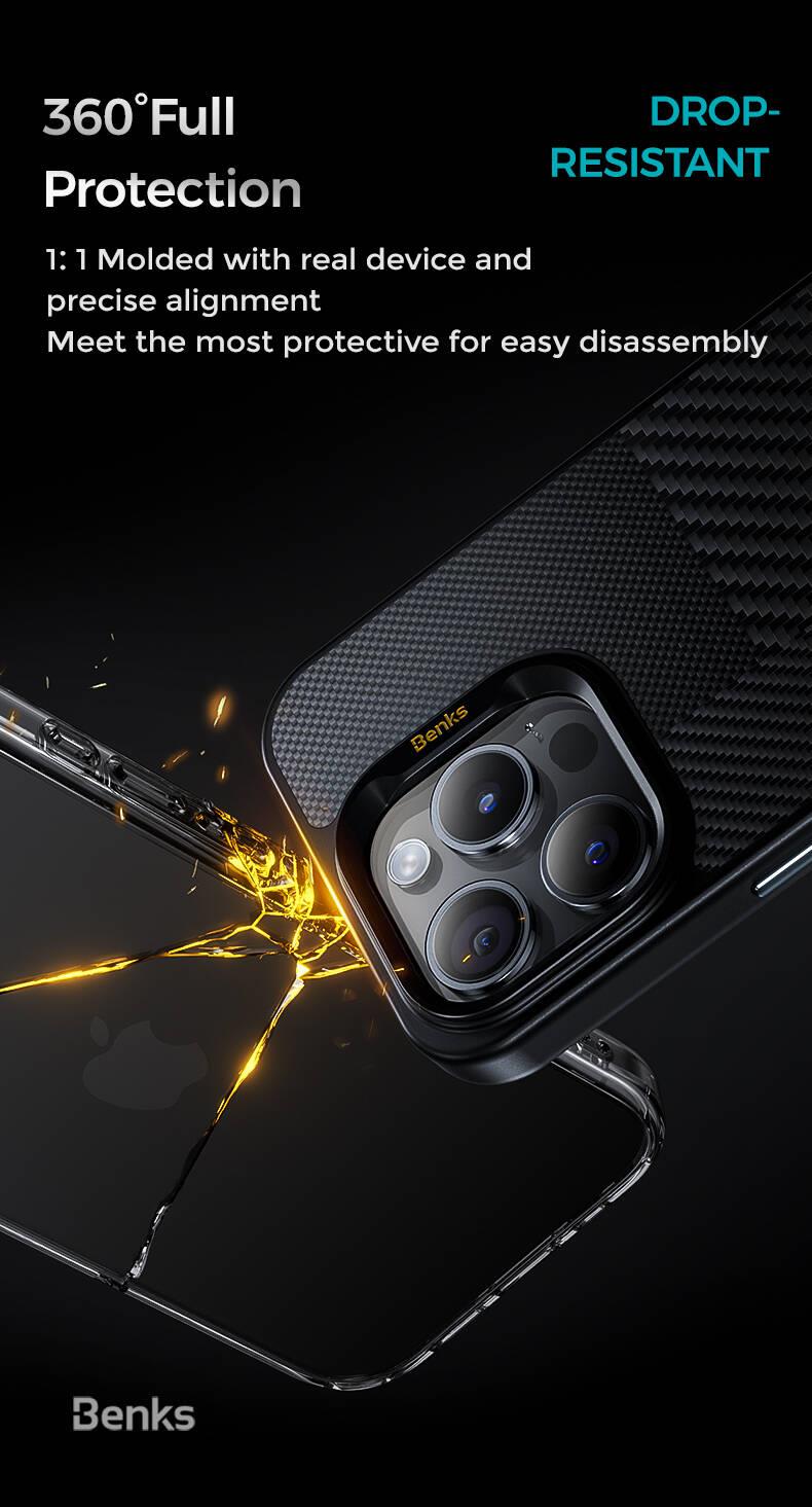 Apple iPhone 15 Pro Max Kılıf M-safe Şarj Özellikli Karbon Fiber Benks Montage Hybrid ArmorPro Kevlar Kapak